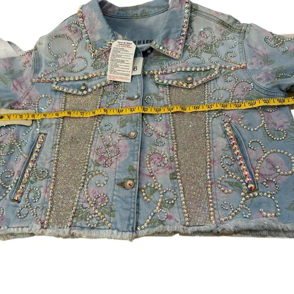 (H-216) Embellished Rose Print Denim Jean Jacket Size L - Picture 9 of 14